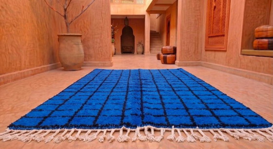 Tapis Marocain Bleu-Carré Noir En Laine 200cmx300cm – Vloerkleden en tapijten, Cotton (photo 5 of 9)
