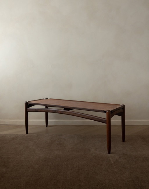 Vintage Teak Coffee Table, Mid Century Modern, Tray-Top Form, Sculptural Arched Stretchers, 1960s