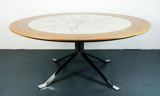 Image 1 of large round 60s mosaic tile top coffee table white mosaic walnut frame chrome base