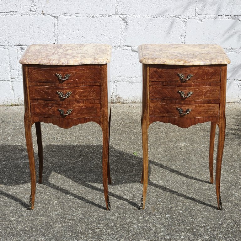 Chateau de Ligny - Pair of 2 French Vintage Marquetry Nightstands-Set of 2 Marble & Wood Bedside Tables-Style Louis XV - 50s