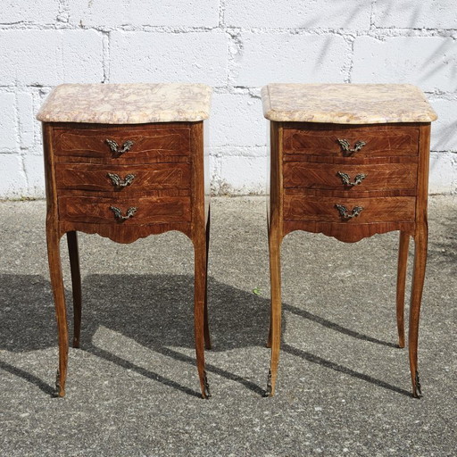 Chateau de Ligny - Pair of 2 French Vintage Marquetry Nightstands-Set of 2 Marble & Wood Bedside Tables-Style Louis XV - 50s