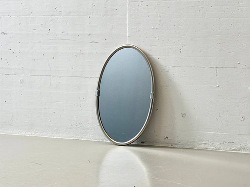 Oval retro wall mirror with aluminum frame, 1970s