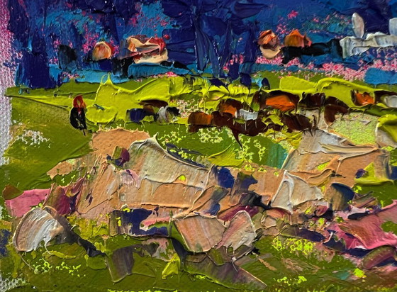 Original Oil Painting Summer Field Landscape Blue Nature Night – Paintings & Drawings, Canvas (photo 6 of 8)