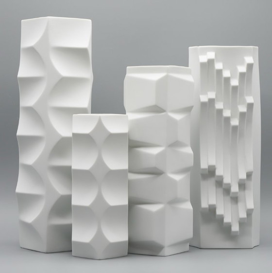 Image 1 of HUTSCHENREUTHER Chic Biskuitporzellan ARCHAIS 4× Vasen-Set Heinrich FUCHS Op Art
