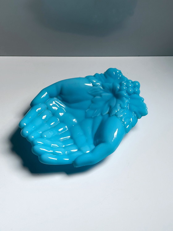 Image 1 of Vallérysthal Ciotola opalina Vide Poche Mani Vite Art Nouveau Vetro Opale Vetro Latte Blu Celeste 1900