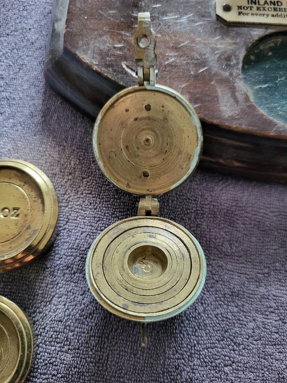 Image 1 of English letter scale with stack weights and a set of cup weights