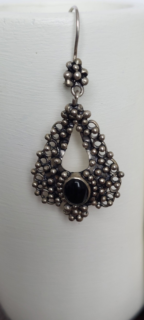 Image 1 of Handmade Vintage Silver Earrings (900 Silver) with Black Stone / Onyx