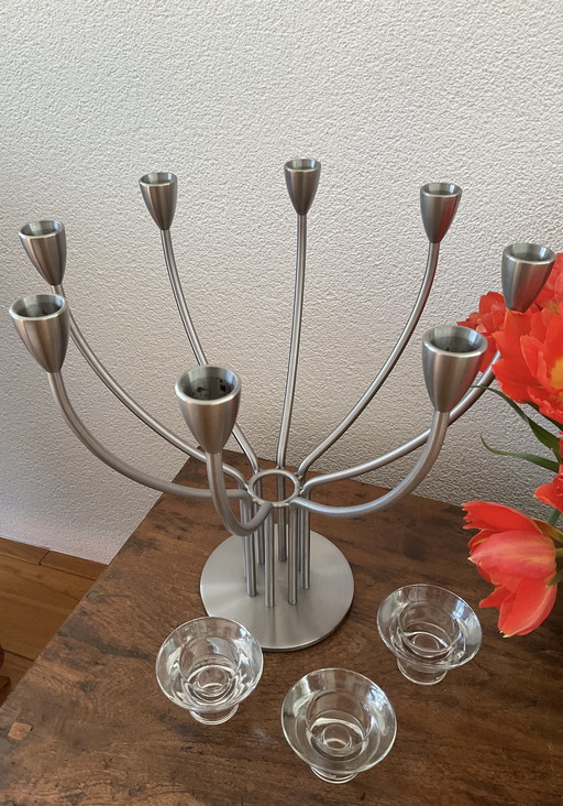 Stainless steel candlestick and 3 crystal tea light holders, Swedish design