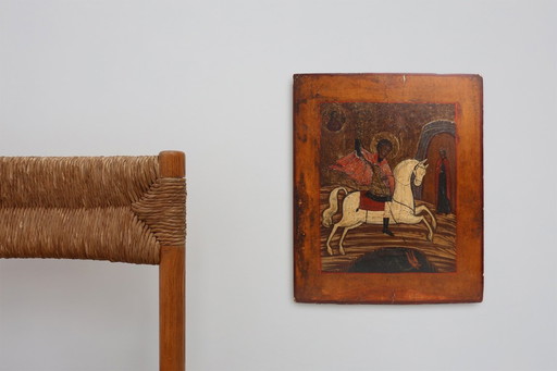 19th-Century Russian Religious Icon of Saint George and the Dragon, Hand-Painted on Wood