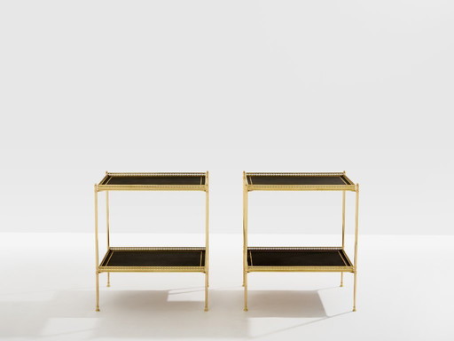 Maison Jansen pair of two-tier side tables brass black leather 1960s