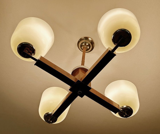 Image 1 of Lampe pendante Art Déco en bois et verre chromé