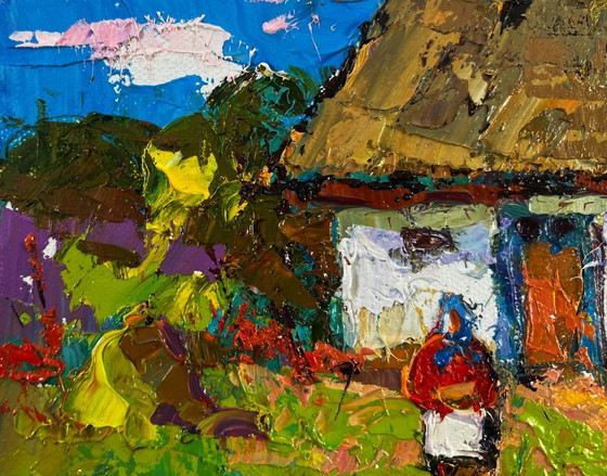 Image 1 of Original Oil Painting Summer Village Landscape Warm of wings and rustic silence