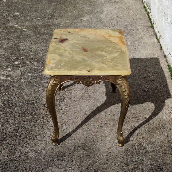 French Vintage Coffee Table with Onyx Top and Ornate Metal Legs, Stone, Green (photo 7 of 14)