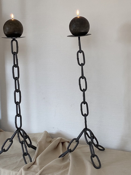 Image 1 of Bougeoirs Vintage en Fonte à Maillons de Chaînes