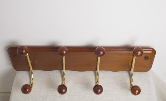 MCM Portemanteau en Bois Crochets Doubles en Laiton Mid Century Vintage Patère Murale Organisateur d'Entrée (photo 6 of 10)