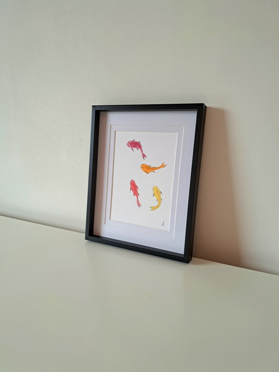Image 1 of Watercolor painting mini Koi Carp | Black frame