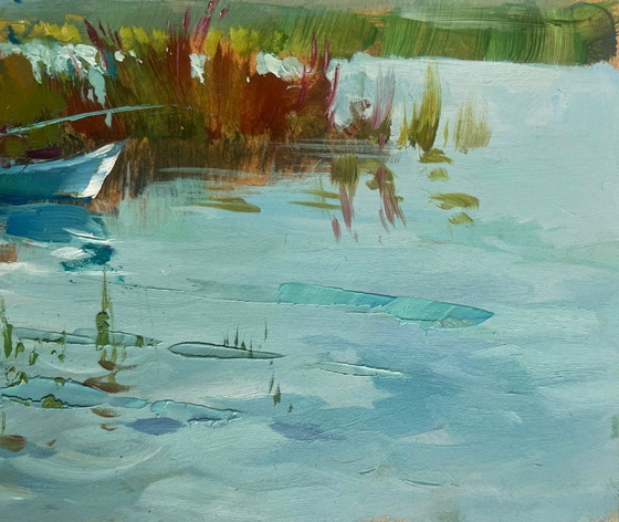 Image 1 of Peinture à l'huile originale représentant un paysage côtier fluvial, avec des pêcheurs parmi les roseaux.