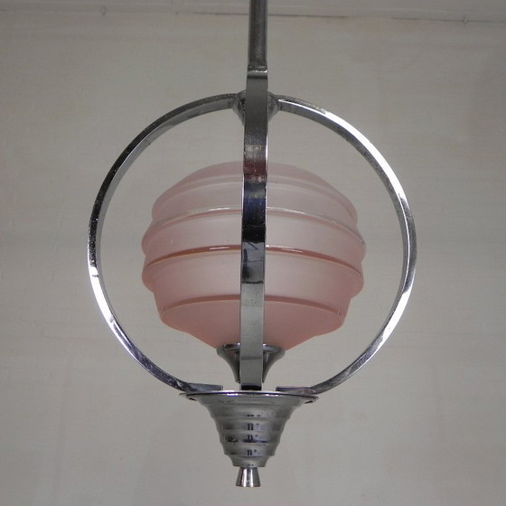 Image 1 of Art Deco pendant lamp with glass shade in a chrome frame, 1930s