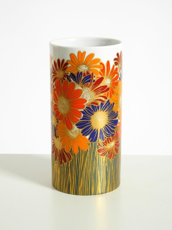 Image 1 of Beautiful 1980s porcelain vase by Rosemonde Nairac for Rosenthal Studio-Linie, featuring colorful daisies