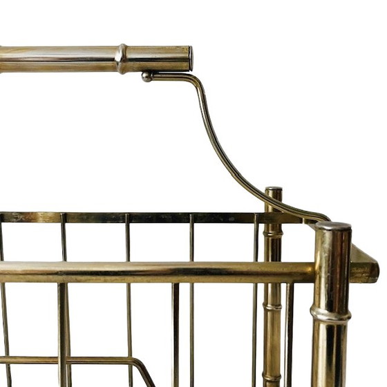 Image 1 of Vintage Hollywood Regency Faux Bamboo Newspaper Rack Magazine Basket Gold Metal Magazine Rack 1960s