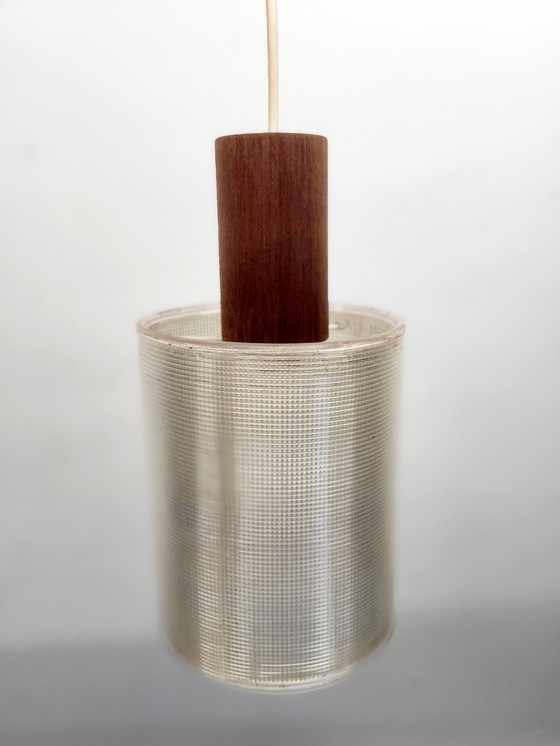 Image 1 of Lampe pendante vintage, style scandinave, bois et plexiglas gaufré, années 1980