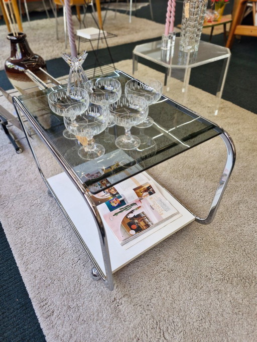 Table d'appoint vintage en verre fumé / blanc 70s