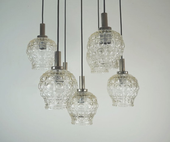 Image 1 of mid-century cascade PENDANT LIGHT - 7 shades - bubble glass and chrome - 1960s/1970s