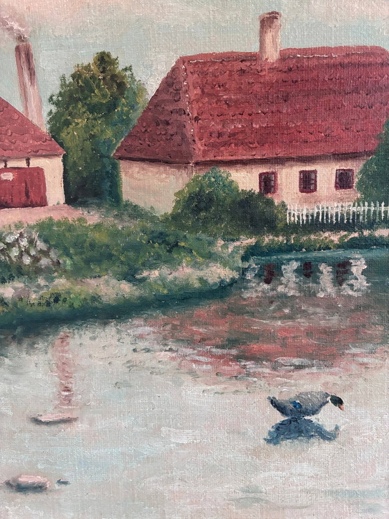 Image 1 of Peinture à l'huile originale vintage représentant un paysage, signée, œuvre d'art de ferme