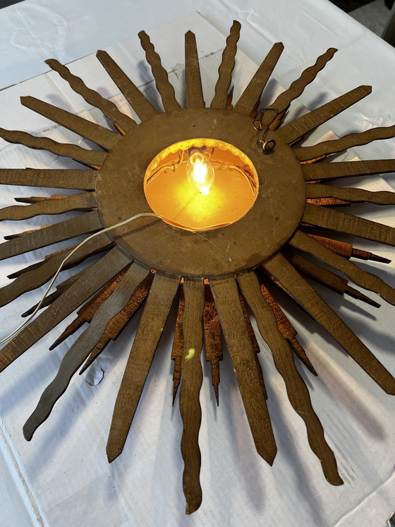 Image 1 of Espejo de sol de madera de doble cara con espejo convexo y lámpara, años 60. Montado en la pared.