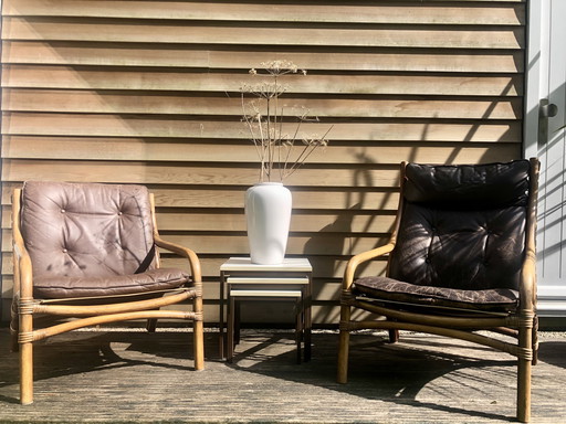 Ensemble vintage de fauteuils en bambou 1970 avec coussin en cuir