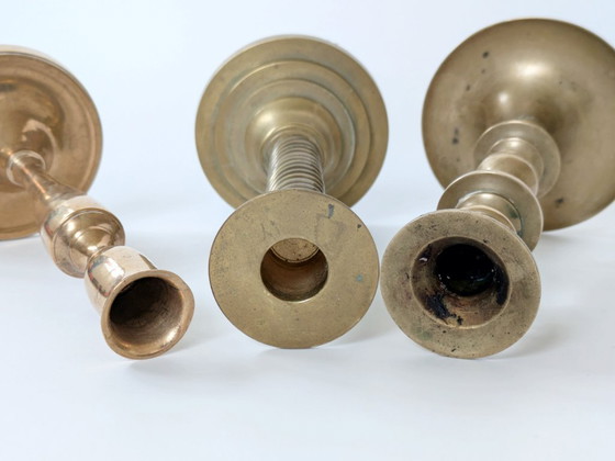 Image 1 of Set of 6 Vintage Brass Candleholders: Mixed-Height and Designs, Holiday Table