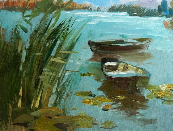 Image 1 of Dipinto ad olio originale Paesaggio estivo con fiume Tempo estivo nuvoloso