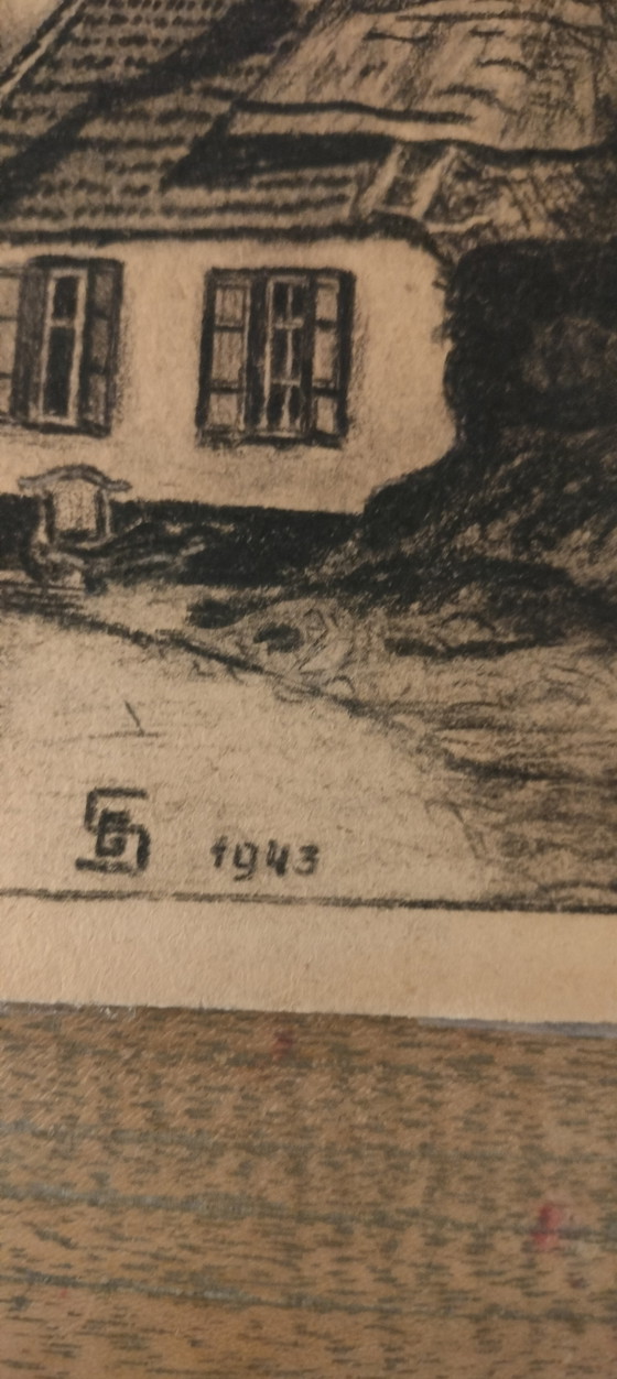 Image 1 of Charcoal drawing of a small church/chapel in Sint Anna Pede made by S. G. in 1943 and sold in 1980.
