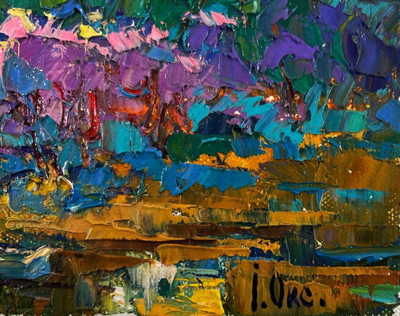 Image 1 of Original Oil Painting Evening Church Landscape Melody through the rural silence