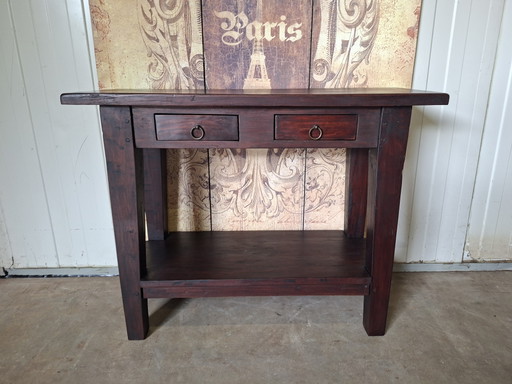 Tables d'appoint coloniales en teck, console d'entrée, console murale, dimensions 101x40cm et 79cm de hauteur. – bijzettafels
