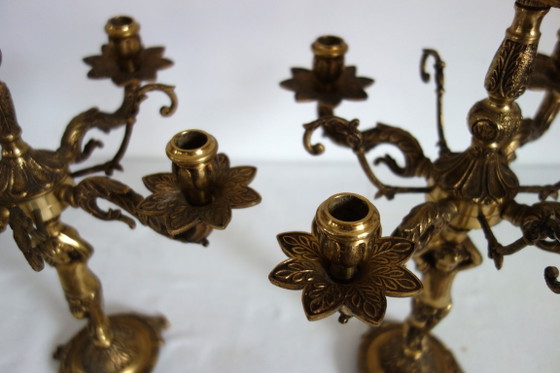 Pair of Cherub Gilt Bronze Candlesticks, early 20th Century, Decorative Objects, Brass, Gold, Vintage (photo 5 of 13)