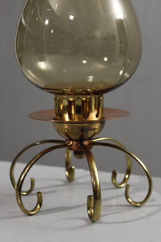 Image 1 of Modernist design candlestick from the 1950s in copper, brass & smoked glass