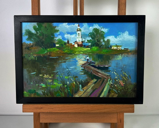 Original Oil Painting Impressionistic River Landscape Painting Bridge over the River, Paintings & Drawings (photo 2 of 11)