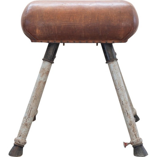 Vintage exercise horse in brown leather and metal, 1950