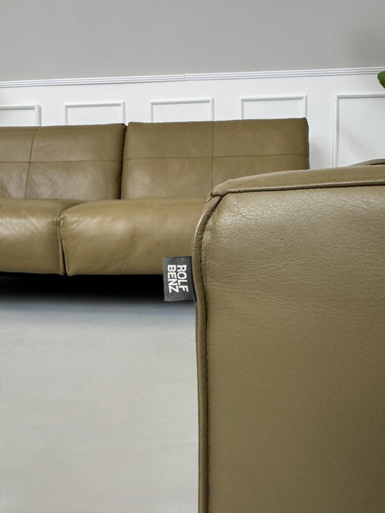 Image 1 of Rolf Benz 50 Leder Olive Grau Sofa Couch Relaxfunktion + Hocker