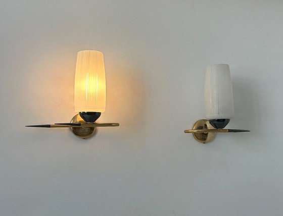 Image 1 of Coppia di applique vintage in ottone e vetro, Francia, anni '50