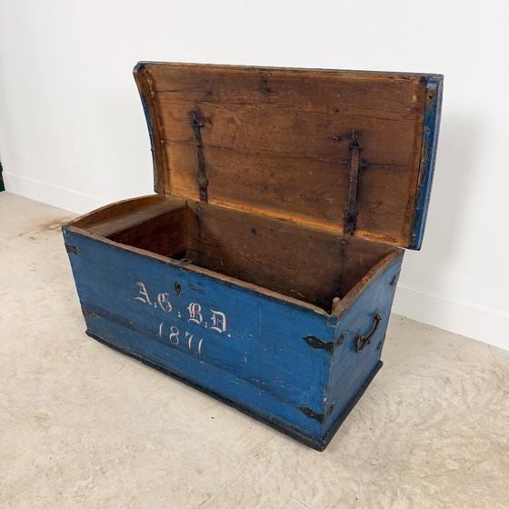 Baule antico dipinto di blu del 1871, Armadi contenitori, Legno, Metallo, Vintage (foto 9 di 15)