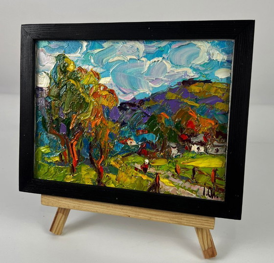 Image 1 of Original Oil Painting Nature Landscape A Village at the Foot of the Mountains