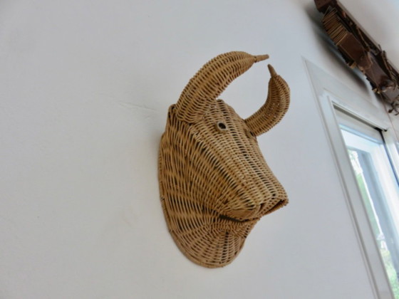 Image 1 of Testa di toro, minotauro, in rattan, decorazione murale vintage, Francia sud-orientale, 1970