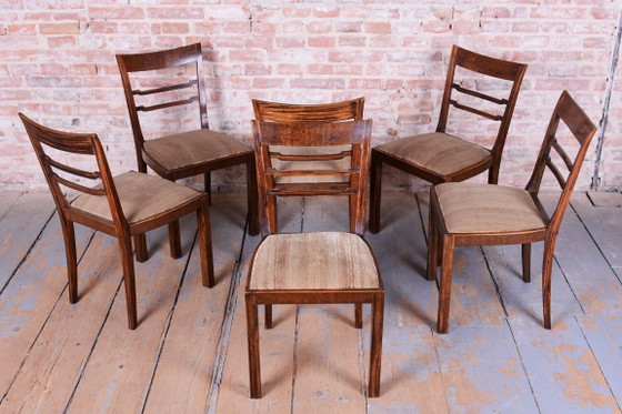 Set of Six Original Art Deco Chairs, Walnut, Revived Polish, Czech, 1920s, Dining chairs, Textile, Wood (photo 9 of 14)