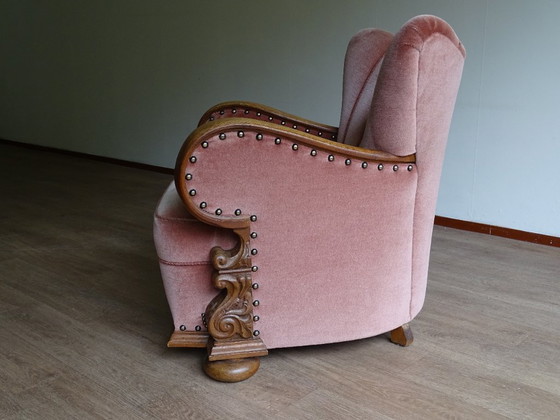 Image 1 of ⚠️ 2 sur 4 encore disponibles | Fauteuils club Art déco (env. 1920-1950) | Velours rose poudré | Chêne sculpté