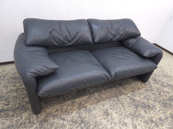 Image 1 of Cassina Maralunga two-seater designer sofa, leather sofa, couch, blue-grey, Magistretti