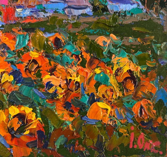 Image 1 of Original Oil Painting Evening Village Landscape Village life in the summer