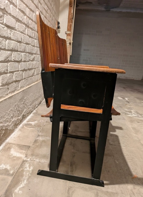 Image 1 of Banquette Vintage Chaise Double / Pair Of Wooden Joined & Fixed Theatre / Cinema Seats On Black Metal Frame