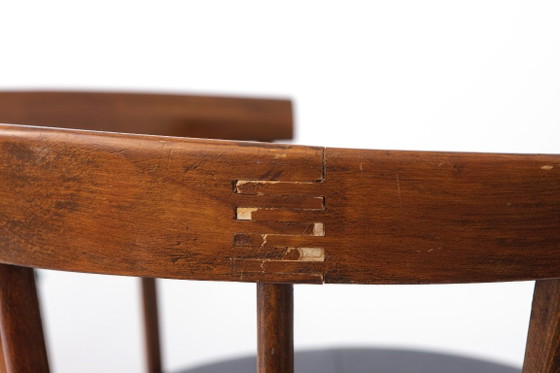 Set van 4 vintage fauteuils in tonvorm, jaren 70, Duitse beukenhouten eetkamerstoelen, zwart kunstleer, (photo 10 of 12)
